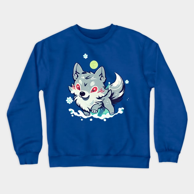 A Cute Cartoon Wolf Prancing Under an Elegant Grey Moon - An Instant Classic! Crewneck Sweatshirt by NeuralCanvasStudio